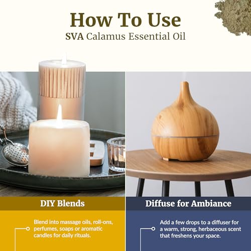 Image of SVA Calamus Essential Oil - 1 Fl Oz - 100% Natural Calamus Oil - for Diffuser, Hair Care, Face, Skin Care, Aromatherapy, Scalp and Body Massage, Soap and Candle Making - with Dropper