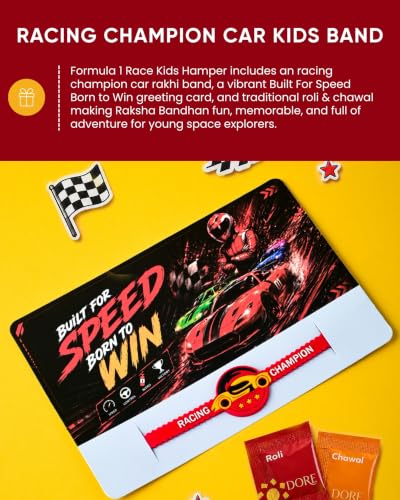 Image of Hyperfoods Car Rakhi for Kids Boys Rakhi Gift Hamper with 100g Bon Bites Chocolates Racing Car Game Set Stationery Kit Rakhi Set for Brother Kids Gift Hamper for Kid Net WT 490gm (Gross Wt. 680g)