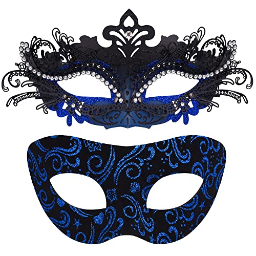 SIQUK 2 Peças máscara veneziana casais máscara máscara máscara facial meia máscara para mulher homem Halloween carnaval, preto e azul