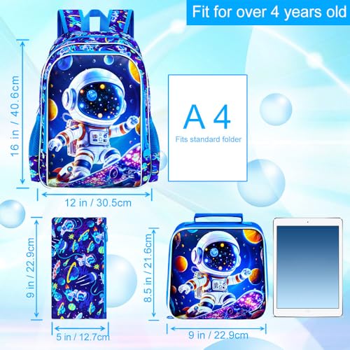 Image of 3Pcs Space Backpack for School, Boys Astronaut Bookbag with Lunch Box, 16 inch Kids Backpacks for Elementary Preschool Kindergarten (Blue)