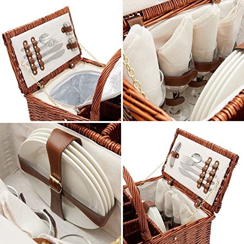 Juvale Picnic Basket for 4-21 x 10.3 x 14.5 in, Brown, Rustic - Wicker Picnic Basket Set with Insulated Cooler Bag, Ceramic Plates, Utensils & Wine Glasses