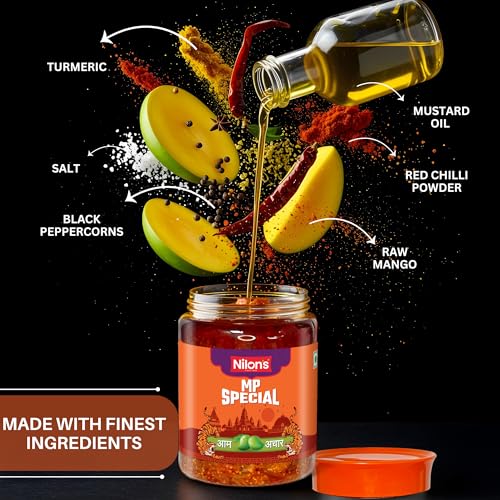 Image of Nilon's MP Special Mango Pickle (475 g) Homemade Aam Ka Aachar | Spicy & Tangy Pickle in Authentic MP Style with Raw Mango, Mustard Oil & Spices with No Added Artificial Colour