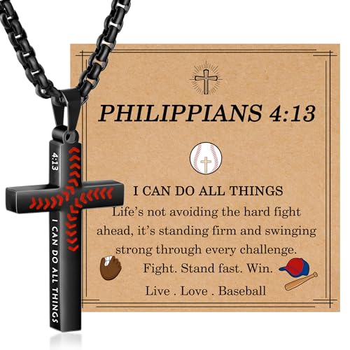 HEYOLL Baseball Necklaces for Boys Men Bible Verse Black Cross Chain Pendant Necklace Baseball Drip Gifts Accessories Stuff for Kids Teens Easter First Communion Gifts For Boys
