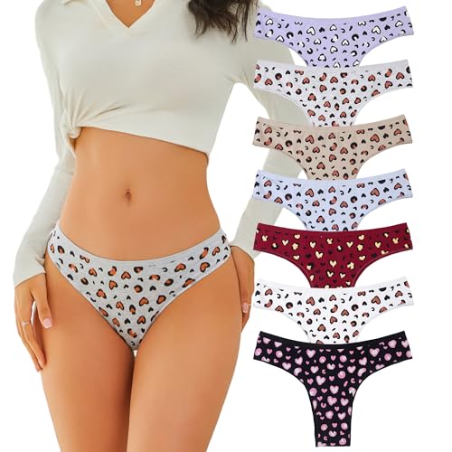 XI LIU 7 Pack Lovely Heart Print Cotton Underwear for Women Soft Breathable Thongs Low Rise Brazilian Panties (US, Alpha, X-Large, Regular, Regular, 7-Pack)