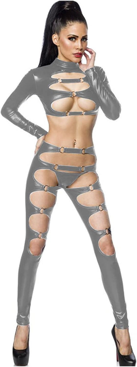 Hollow Out Women Glitter Clubwear Long Sleeve Open Chest Top Slim Leggings Stripper Nightclub Wear,Gray,5XL