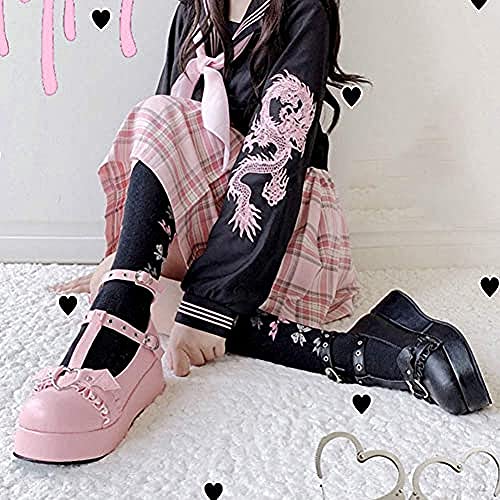 Image of Women's Platform Mary Janes Heart Cat Buckle Rivets Ankle Lolita Gothic Princess Platform Pumps Patent Leather Thorn Vintage Traditional Embroidery Upper Dress Shoes