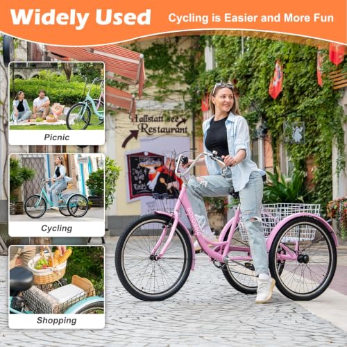 Image of Adult Tricycle, 7 Speed Adult Trike, 20 /24 /26 inch 3 Wheel Bike with Basket | Low Step-Through Frame, Wide Seat with Backrest, 350 lbs Capacity, Tricycle for Adults, Seniors, Women and Men