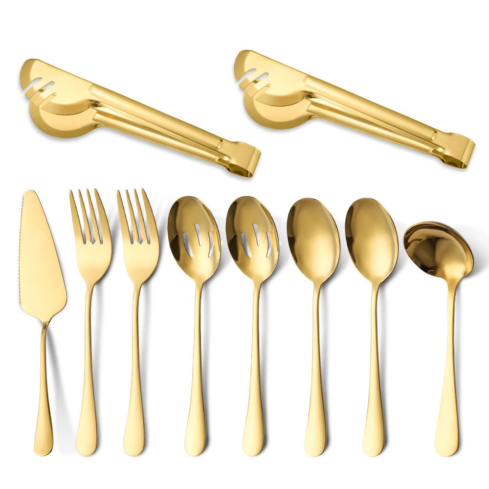 Erised's Bifrost 10 Pieces Cutlery Serving Set,Stainless Steel Flatware,Buffet Catering Salad Serving Fork,Butter Spreader,Cake/Cheese knife,Serrated Edge,Mirror Finish,Dishwasher Safe (Gold)