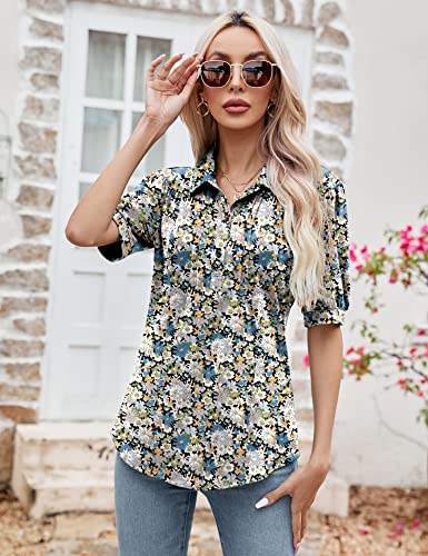 Micoson Womens Blouses Dressy Casual Short Sleeve Button Down Collared Polo Shirt Loose Tunic 2023 Summer Tops2