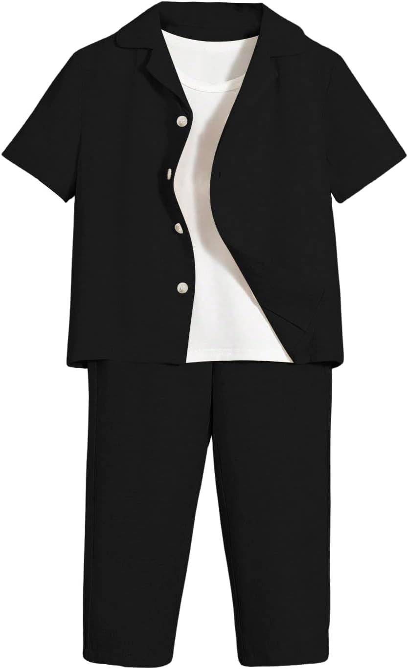 Verdusa Boy's 2 Piece Sets Linen Set Going Out Summer Outfits Button Up Shirt and Pants Set Matching Sets