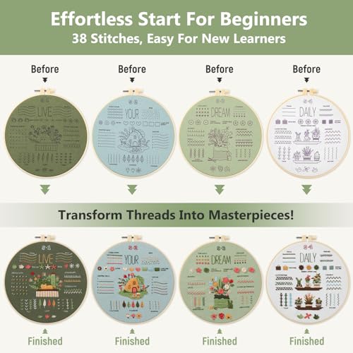 image for Snuvid Embroidery Kit for Adult Beginners, 4-Pack 38 Stitch Needlework