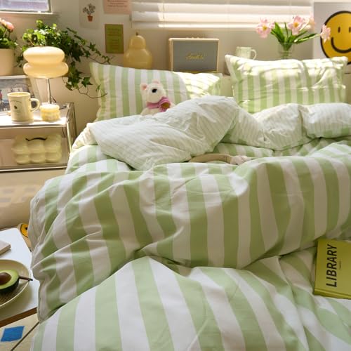Image of Green Striped Comforter Set Twin XL, 3 Piece Aesthetic Stripes Pattern Printed Comforter with 2 Pilliwcases, Soft Breathable Farmhouse Striped Bedding Comforter Lightweight Twin XL Comforter Set