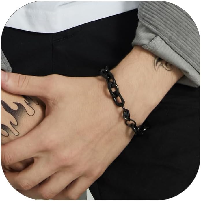 ChainsHouse Cable Chain Link Bracelet for Men Women, 7mm/9mm/12mm Width, 7.5/8.3" Length, 316L Stainless Steel/18K Gold Tone/Black (Send Gift Box)