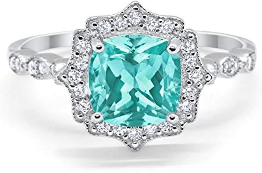 Ritika Created Cushion Cut Paraiba Tourmaline in 14K White Gold Over 925 Sterling Silver Halo Art Deco Engagement Ring for Women