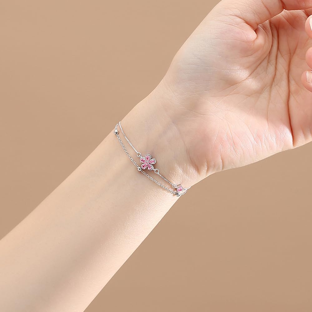 Dainty Flower S925 Sterling Silver Bracelet for Women Pink Cubic Zirconia Crystal Wedding Bracelet Lucky Flowers Statement Thin Link Chain Layered Adjustable Outfit Accessories Jewelry - Image 2