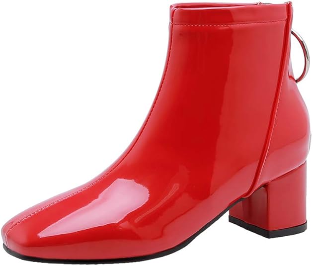 Talon Carré Boots Femme Vintage Bout Carré Bottine Femme Cuir Grainé Talon Mi Haut Fermeture Éclair Pas Cher 7424070875F