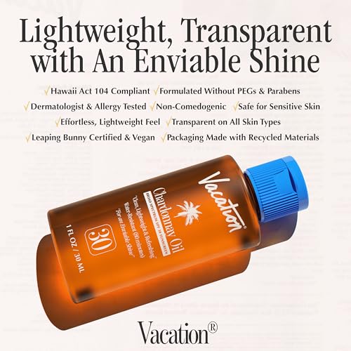 Image of Vacation Mini Chardonnay Oil SPF 30 Sunscreen Oil, 1 Fluid Ounce, Pack of 6 - Hydrating, Lightweight, Reef Safe, Invisible, Water-Resistant, Travel Size