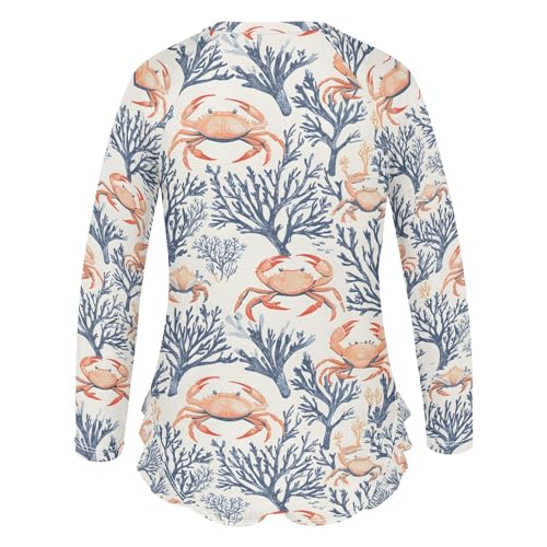 ALAZA Crab Coral Reef Red Blue Girls One Piece Swimsuit Long Sleeve Rashguard Swimsuit UV 50+ Swimwear Zip3