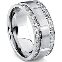 Metal Masters Mens Titanium Wedding Band Ring with Double Row Cubic Zirconia, Comfort Fit Sizes, 9MM 8 to 12