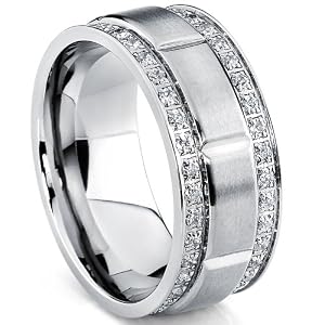 Metal Masters Men’s Titanium Wedding Band Ring with Double Row Cubic Zirconia, Comfort Fit Sizes, 9MM 8 to 12