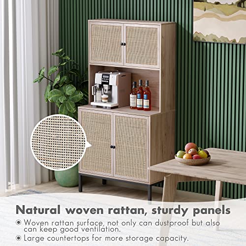 Yechen Storage Cabinet With Natural Handmade Rattan Wicker Doors, Freestanding Sideboard With Large Countertop, Kitchen Buffet (Natural Color) #TOP2