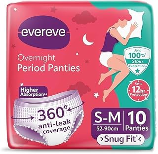Ever eve Overnight Period Panties, S-M Size 52-90cm, Pack of 10, 360° Anti-Leak Coverage, 12-Hour Protection 10 Pcs in One... Price In India