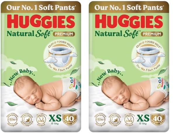 Image of Huggies Natural Soft Premium Baby Diaper Pants, Our No.1 Soft Pants, Newborn /Extra Small (XS) Size (0-5 Kgs), Pack of 80 | Cloud Softness All over with India's 1st Cloud Touch Belt