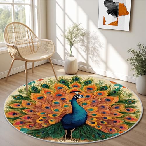 Tapete redondo lavable vintage pavo real 2 pies miniatura 1