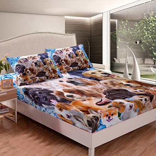 Cute Puppy Dog Bedding Fitted Sheet Cartoon Pet Pug Dog Bulldog Bed Sheet Set Kids Boys Girls Dog Lover Animal Design Bedding Sheets Various Puppy Bed Cover Bedroom Collection 4Pcs Bedding Full #TOP2