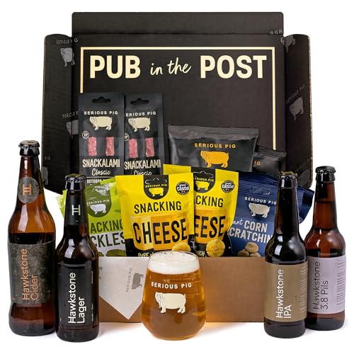 Serious Pig + Hawkstone Gift Set with Glassware and Gourmet Pub Snacks (15 Pack)