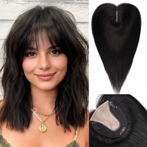 Starluck Real Human Hair Toppers for Women - 14 inch with Bangs, 5"*5.5" Base, Natural Black, Covers Thinning Hair & Grey