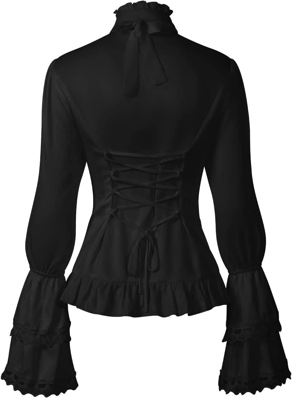 Women's Victorian Renaissance Long Sleeve Shirts Lace Stand Collar Blouse Tops - Image 3