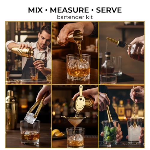 Image of O' Holic by Perch Craft 8-Piece Stainless Steel Bartender Kit|Premium Cocktail Shaker Set with Jigger 30 /60ml, Spoon,Pourer,Ice Tong, & Bar Tools|Professional Bar Set for Home &Tour Parties|Golden