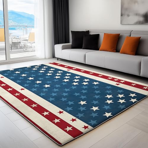 Genérico Alfombra Infantil 140x200 cm, Estrellas Y Rayas Alfombra de Cabecera Niños Niñas Pelo Corto Lavable Suave Azul, para Juego Habitacion Comedor Dormitorio Cocina