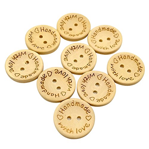 Newkeen 100pcs "Handmade with Love" Boutons en Bois Rond Bricolage L'artisanat, 20mm Bois Naturel Bouton Scrapbooking DIY Craft