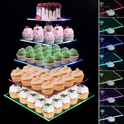 Cupcake Stand with Rechargeable Led, 5 Tier Clear Cupcake Holder, 7 Colors Light Cupcake Tower, Acrylic Dessert Table Display Set for Weddings, Christmas, Birthday, Parties, Baby Showers Cover