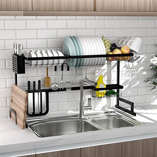 Over the Sink Dish Rack (33.5 Inches), SUS304 Stainless Steel Dish Drying Rack for Kitchen, Dish Drainer Holder for Sink, Black