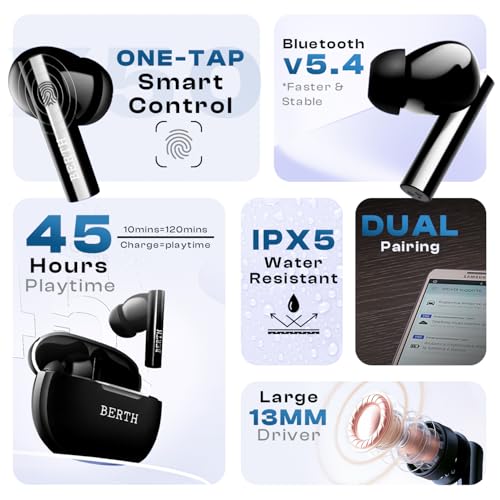 Image of BERTH X50 Wireless Earbuds 45H Playtime, Dual Pairing, 13mm Speakers, ENC, IPX5, 45ms Low Latency True Wireless Bluetooth, Fast Charging