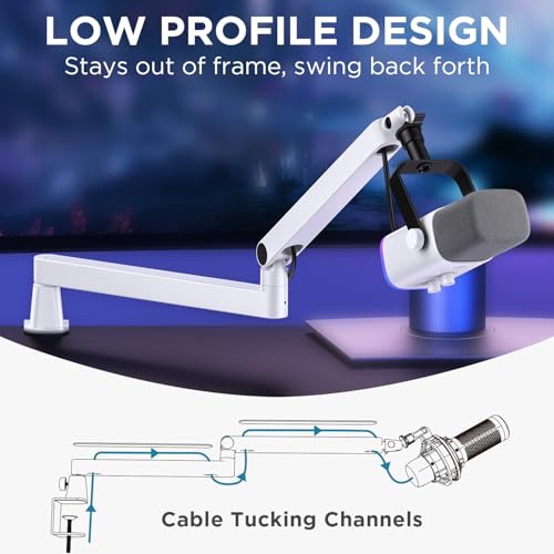 Image of InnoGear 2026 Upgraded Microphone Boom Arm, Magnetic Cable Management Low Profile Mic Stand 360 Rotatable Desk Mount for Fifine AM8 K669B Blue Yeti HyperX QuadCast SoloCast AT2020, White