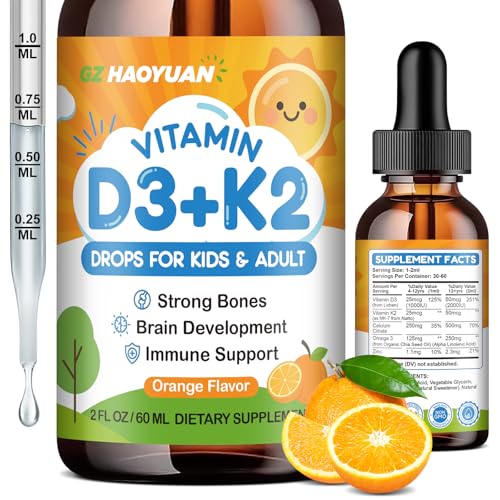 Vitamin D3 K2 Drops for Kids Liquid Supplement with Calcium Omega 3 Zinc Vitamin D3 K2 for Calcium Absorption Healthy Bones Brain Development & Immune System Non-GMO Vegan Orange Flavor 2 Fl Oz
