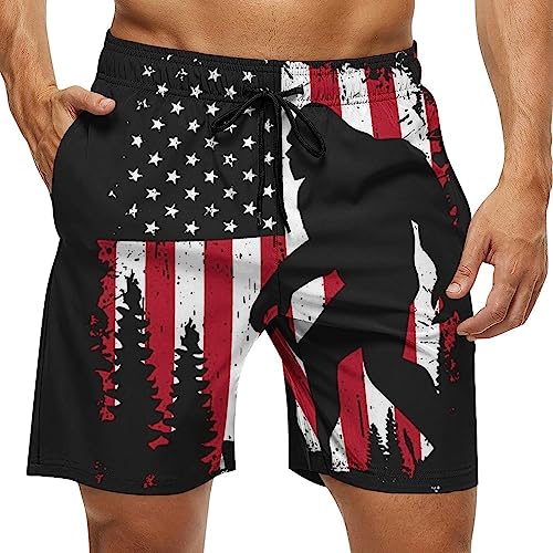 Men's Flag Swim Trunks, Patriotic Design Board Shorts, Drawstring Waist, Black and Red