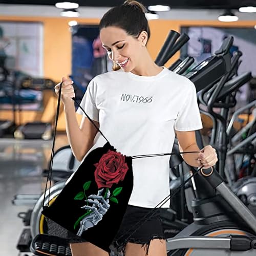 Skeletonn Handd Holdingg Stem Flowerr Graphicc Designn Redd Rosee String bag For Gym4