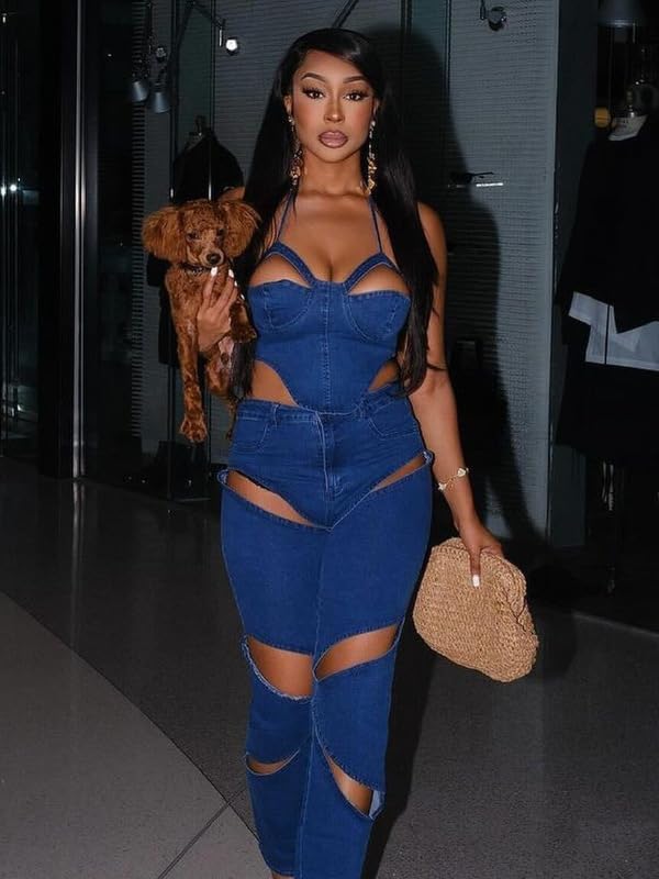 Denim 2 Piece Outfit for Women Sleeveless Cropped Tank Top Bodycon Pants Set Sexy Jean Hollow Out Party Club Tracksuit - Image 8