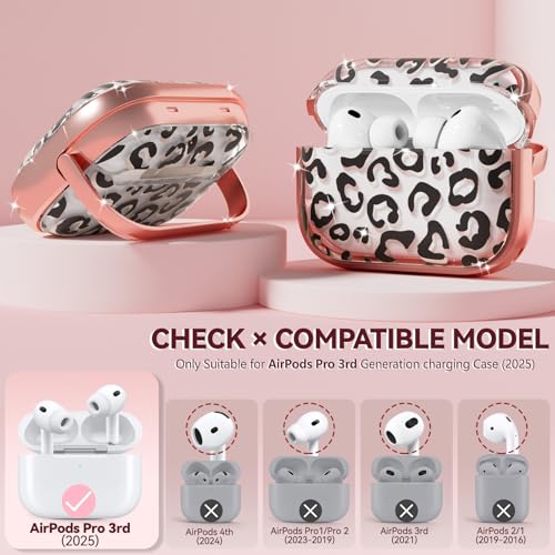 Image of Inesore for AirPods Pro 3 Case Cover 2025 with Lock-Black+Brown Leopard | Two-Piece Design,with Gold Keychain & Clean Pen, As Phone Stand,Support Wireless Charging,Cute Luxury Case for Women Girly
