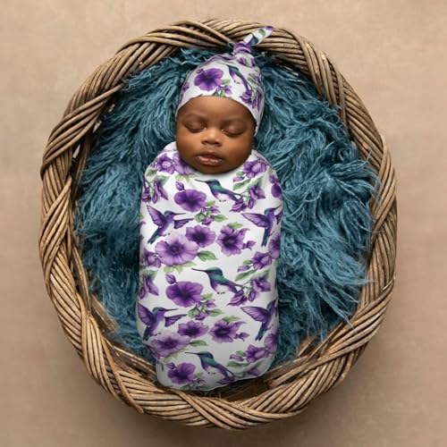 Image of Painting Hummingbirds and Flowers Newborn Swaddle Blankets Hat Sets Soft Baby Receiving Blanket Swaddle Sack for Baby Shower Infant Boy Girl Gift