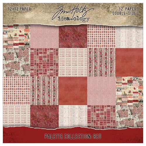 Tim Holtz Idea-ology 12x12 Cardstock - 12 Double Sided Decorative Square Paper Sheets Red Palette Collection