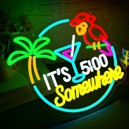 Image of Its 5 Oclock Somewhere Neon Sign for Wall Decor Dimmable Parrot LED Light Home Beer Bar Decor Palm Tree Sun Beach Neon Signs for Man Cave Garage Party Hotel Gifts for Men Size 13.1 * 13in(GLNP168)