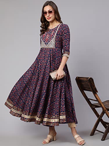 Image of Women Cotton Embroidered Printed Round Neck 3 /4 Sleeve Flared Kurta