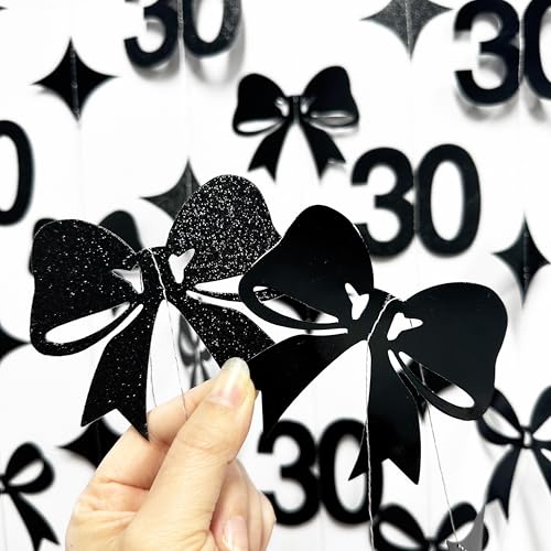 Image of Black 30th Bow Birthday Decorations Glitter Conquette Bow Garland Streamer Banner for Womens Mens Happy 30th Birthday 30 and Fabulous Cheers to 30 Years Old Anniversary Vintage 1995 Party Supplies
