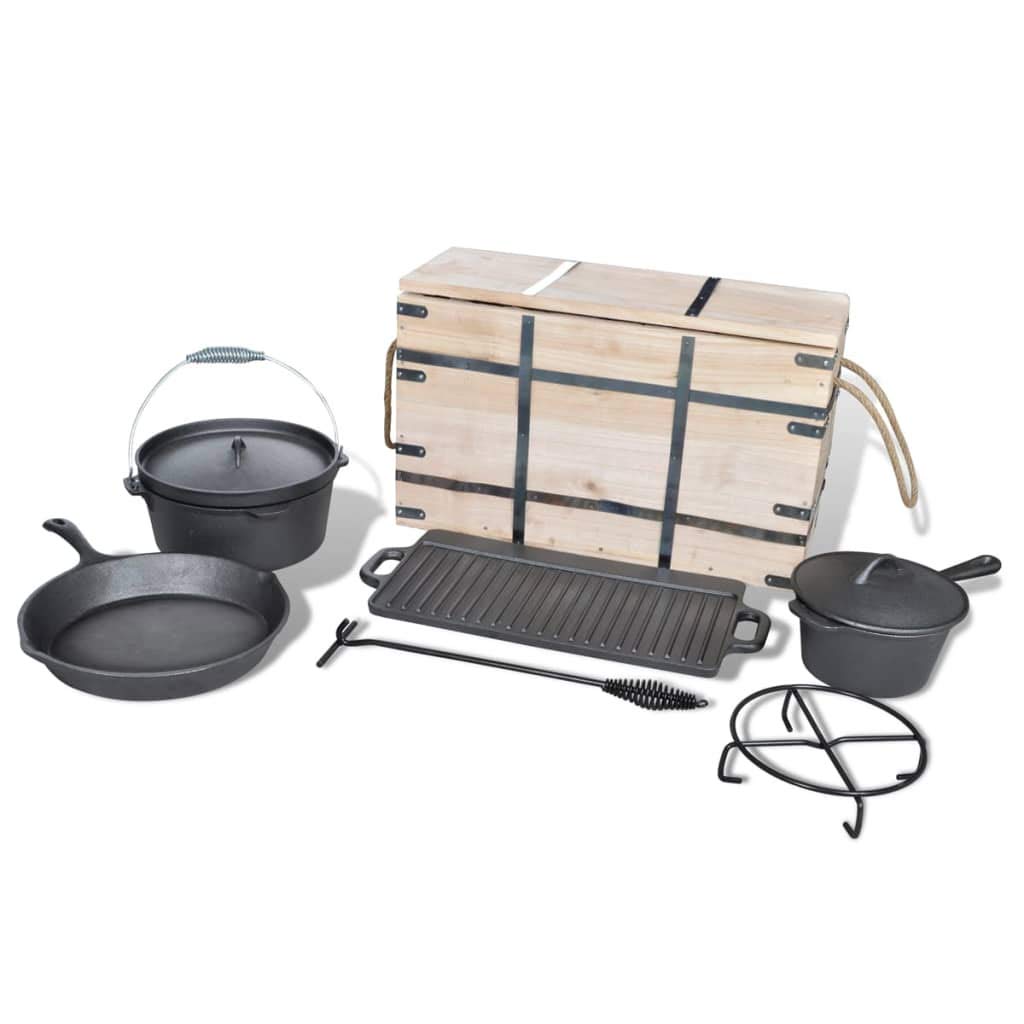 Juego de ollas de hierro fundido, 9 piezas, para camping, con caja de madera, para exteriores, horno holandés, sartenes, barbacoas, picnics